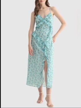 New All in Favor Sz Large Blue Floral Strappy Back Ruffled Slit Midi Dress $89!
